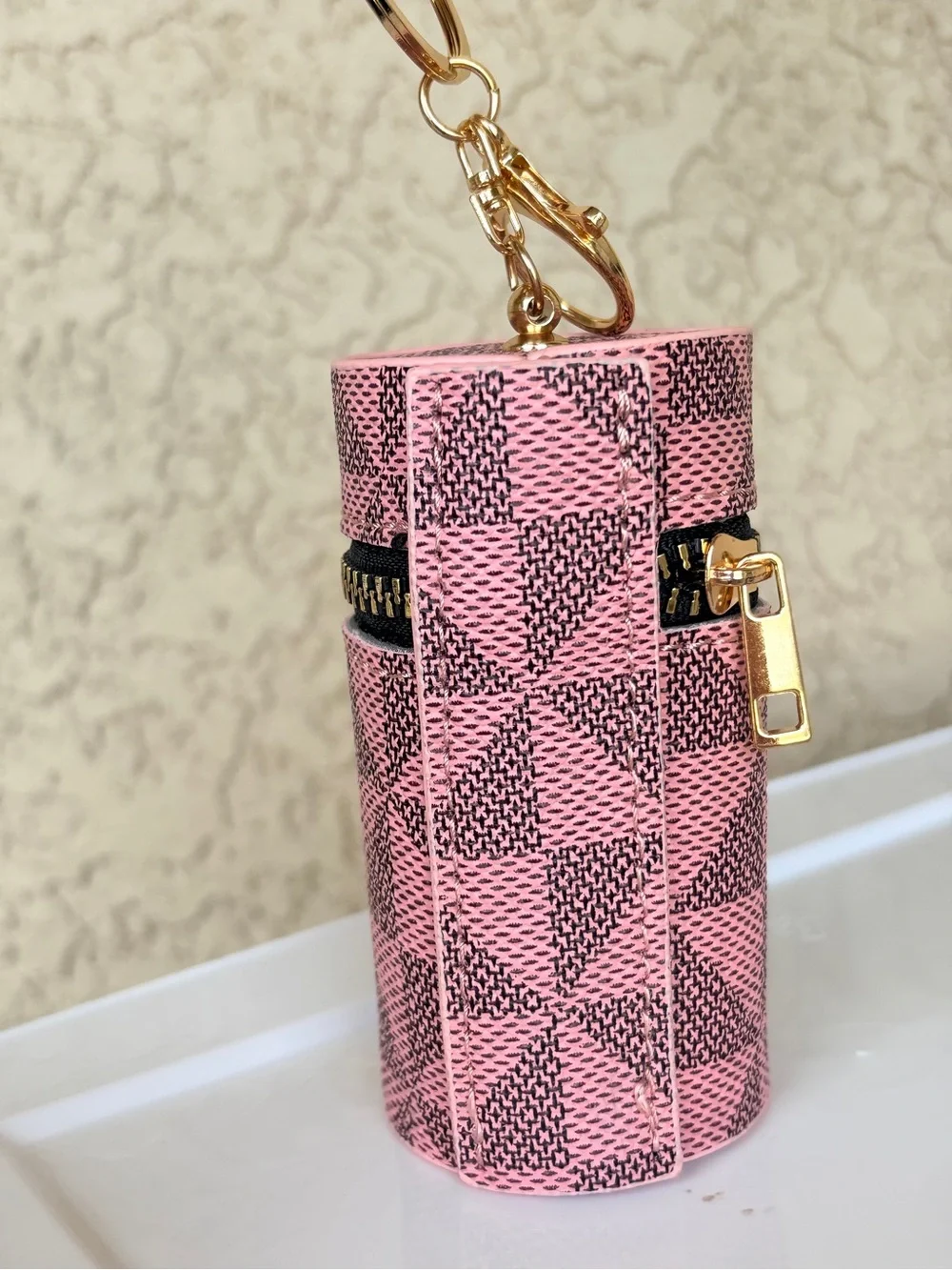 Pink Patterned Cylinder Compartment Bag with Scarf Accent